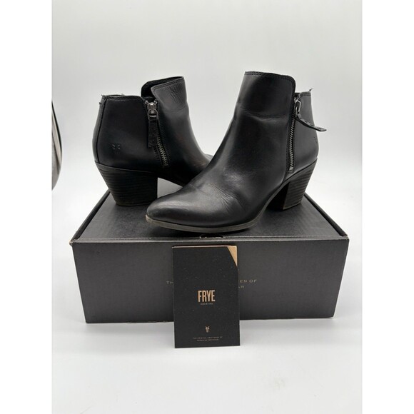 Frye Womens Judith Double Zip Heel Block Ankle Booties Black Leather Sz 7.5M BOX - Picture 1 of 12